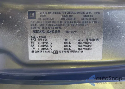 2003 Hummer H2 z USA, uszkodzony, nr VIN 5GRGN23U73H131005